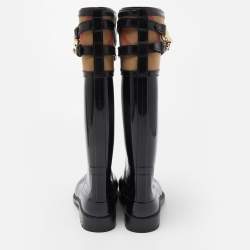 Burberry Black/Beige Rubber and Nova Check Canvas Rain Boots Size 36