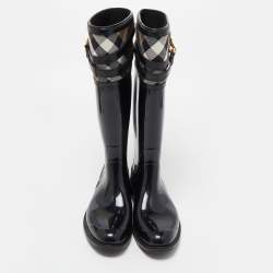 Burberry Black/Beige Rubber and Nova Check Canvas Rain Boots Size 36