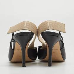 Burberry Black/Beige Leather and Logo Canvas Maria Slingback Pumps Size 39