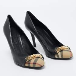 Pre Owned Burberry Black House Check Canvas and Leather Buckle Pumps Size 37