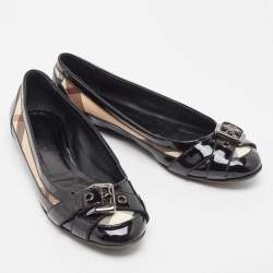 Pre Owned Burberry Black/Beige Nova Check PVC and Patent Leather Buckle Ballet Flats Size 38