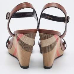 Pre Owned Burberry Brown Canvas and Leather Wedge Sandals Size 37