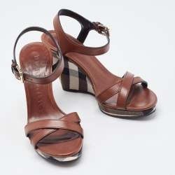 Pre Owned Burberry Brown Canvas and Leather Wedge Sandals Size 37