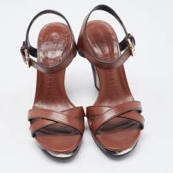 Pre Owned Burberry Brown Canvas and Leather Wedge Sandals Size 37
