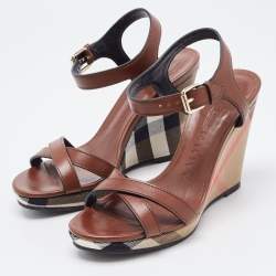 Pre Owned Burberry Brown Canvas and Leather Wedge Sandals Size 37