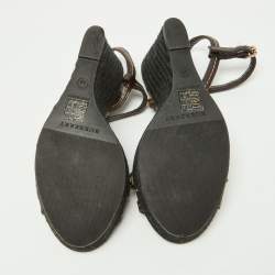 Burberry Dark Brown/Beige Check PVC and Leather Espadrille Wedge Sandals Size 38