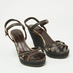Burberry Dark Brown/Beige Check PVC and Leather Espadrille Wedge Sandals Size 38