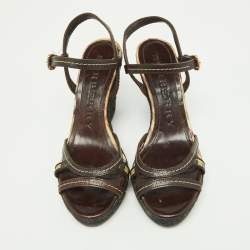 Burberry Dark Brown/Beige Check PVC and Leather Espadrille Wedge Sandals Size 38