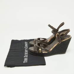 Burberry Dark Brown/Beige Check PVC and Leather Espadrille Wedge Sandals Size 38