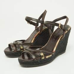 Burberry Dark Brown/Beige Check PVC and Leather Espadrille Wedge Sandals Size 38
