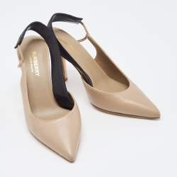 Pre Owned Burberry Brown Leather and Logo Canvas Maria Slingback Pumps Size 36