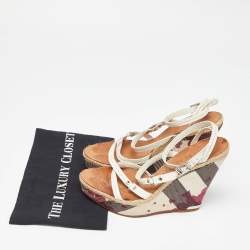 Burberry White Leather Supernova Check Canvas T Strap Wedge Sandals Size 39