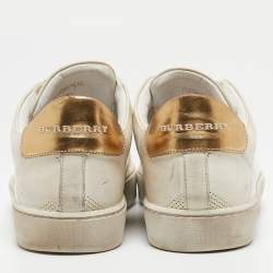 Pre Owned Burberry White/Gold Perforated Leather Westford Sneakers Size 38.5