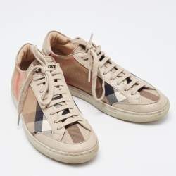 Pre Owned Burberry Beige/Brown Nova Check Canvas and Leather Low Top Sneakers Size 37
