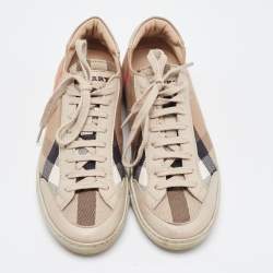 Pre Owned Burberry Beige/Brown Nova Check Canvas and Leather Low Top Sneakers Size 37