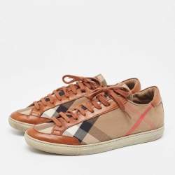 Pre Owned Burberry Brown/Beige Nova Check Canvas and Leather Lace Up Sneakers Size 39