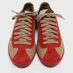 مملوكة مسبقًا Burberry Red/Brown Suede and Nova Check Canvas Low Top Sneakers Size 37