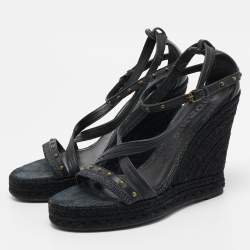 Burberry Black Leather and Denim Studded Platform Wedge Sandals Size 38.5