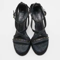 Burberry Black Leather and Denim Studded Platform Wedge Sandals Size 38.5