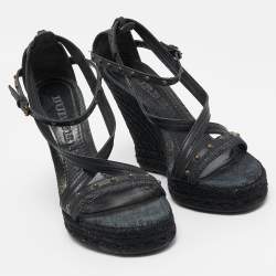Burberry Black Leather and Denim Studded Platform Wedge Sandals Size 38.5