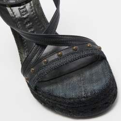 Burberry Black Leather and Denim Studded Platform Wedge Sandals Size 38.5