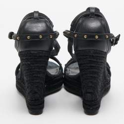 Burberry Black Leather and Denim Studded Platform Wedge Sandals Size 38.5