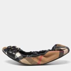 Burberry Beige/Black Novacheck Canvas and Leather Buckle Scrunch Ballet Flats Size 40