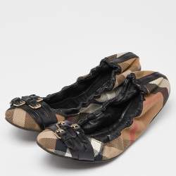 Burberry Beige/Black Novacheck Canvas and Leather Buckle Scrunch Ballet Flats Size 40