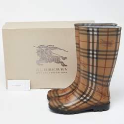 Burberry Beige/Brown Haymarket Check Rubber Rain Boots Size 40