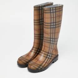 Burberry Beige/Brown Haymarket Check Rubber Rain Boots Size 40