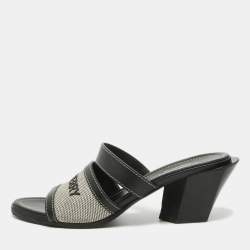 Burberry Black Leather and Canvas Honour Slide Sandals Size 37