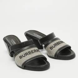 Burberry Black Leather and Canvas Honour Slide Sandals Size 37