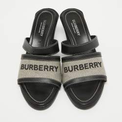 Burberry Black Leather and Canvas Honour Slide Sandals Size 37