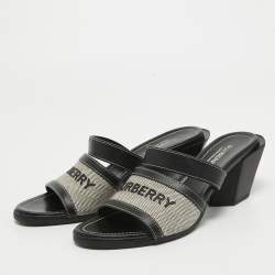 Burberry Black Leather and Canvas Honour Slide Sandals Size 37