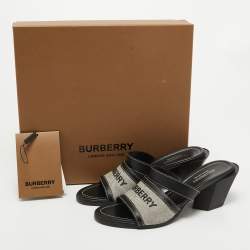 Burberry Black Leather and Canvas Honour Slide Sandals Size 37