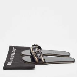 مملوكة مسبقًا Burberry Black/Beige Patent Leather and Check Canvas Flat Slides Size 40