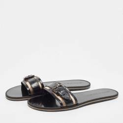 مملوكة مسبقًا Burberry Black/Beige Patent Leather and Check Canvas Flat Slides Size 40