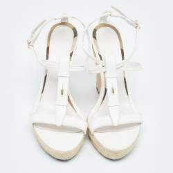 مملوكة مسبقًا Burberry White Leather Wedge  Ankle Strap Sandals Size 39.5