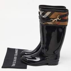 Pre Owned Burberry Black/Beige Patent Leather and House Check Canvas Knee Length Boots Size 35