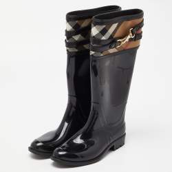 Pre Owned Burberry Black/Beige Patent Leather and House Check Canvas Knee Length Boots Size 35