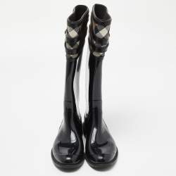 Pre Owned Burberry Black/Beige Patent Leather and House Check Canvas Knee Length Boots Size 35