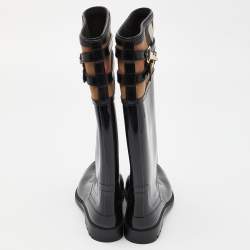 Pre Owned Burberry Black/Beige Patent Leather and House Check Canvas Knee Length Boots Size 35