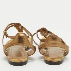 Burberry Metallic Gold Leather Thong Ankle Strap Flat Sandals Size 39