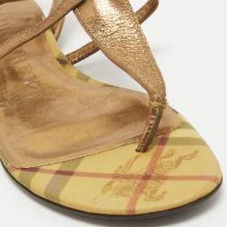 Burberry Metallic Gold Leather Thong Ankle Strap Flat Sandals Size 39