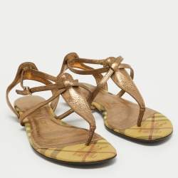 Burberry Metallic Gold Leather Thong Ankle Strap Flat Sandals Size 39