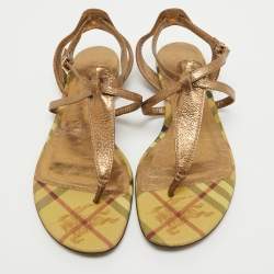 Burberry Metallic Gold Leather Thong Ankle Strap Flat Sandals Size 39