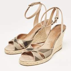 Burberry Beige/Brown Coated Canvas and Leather Ankle Strap Espadrille Wedge Sandals Size 38.5