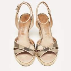 Burberry Beige/Brown Coated Canvas and Leather Ankle Strap Espadrille Wedge Sandals Size 38.5