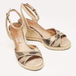 Burberry Beige/Brown Coated Canvas and Leather Ankle Strap Espadrille Wedge Sandals Size 38.5