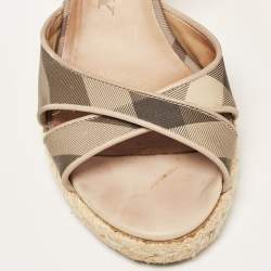 Burberry Beige/Brown Coated Canvas and Leather Ankle Strap Espadrille Wedge Sandals Size 38.5